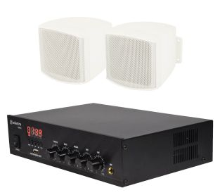 Geluidsinstallatie met compacte 100V versterker en 2 compacte opbouw speakers