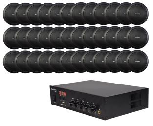 Geluidsinstallatie met compacte 100V versterker en 36 zwarte inbouw speakers