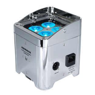 Equinox Colour Raider lithiumbatterij-uplighter (chromen behuizing) – 4x 6W RGBW LED – DMX-gestuurd