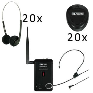 Draadloos Sport presentatie set met 1 zender 20 ontvangers en 20 wegwerp hoofdtelefoons