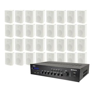 Geluidsinstallatie met 19 inch 100V versterker en 32 witte opbouw speakers