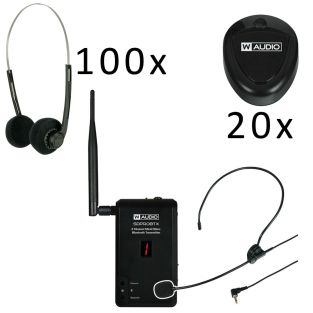 Draadloos Rondleiding of presentatie set met 1 zender 20 ontvangers en 100 wegwerp hoofdtelefoons