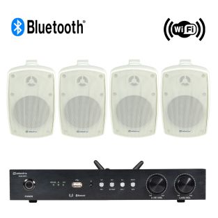 Opbouw set met internet (WiFi-Lan) versterker en 4 witte opbouw speakers