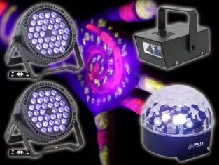 Neon party UV bundle met 2x 36x3W UV LED stroboscoop en astro 6