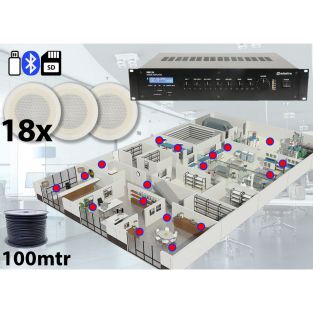 18x Adastra speakers + 100 volt versterker USB/SD/FM Bluetooth + kabel