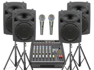 zangset 3 met actieve mixer, speakers 800W, 2 microfoons en toebehoren