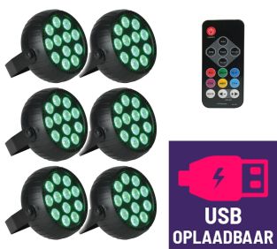 Set van 6 Qtx USB Oplaadbare 18W mini LED par spots