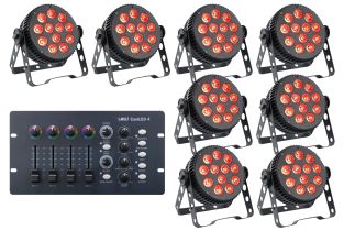 Verlichting set met 8 RGBW silent par spots en DMX controller