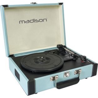 Madison blauwe vintage draaitafel koffer met bluetooth USB SD & Rec functie