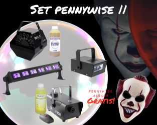 Halloween set Pennywise met bellenblaas machine, rookmachine, strobo en UV lamp