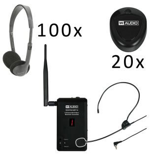 Draadloos Rondleiding of presentatie set met 1 zender 20 ontvangers en 100 wegwerp hoofdtelefoons