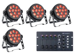 Verlichting set met 4 RGBW silent par spots en DMX controller