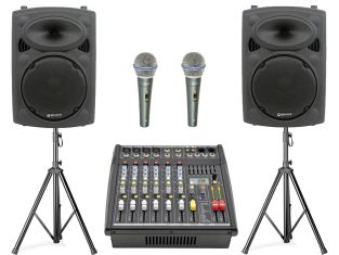 zangset 1 met actieve mixer, speakers 400W, 2 microfoons en toebehoren 