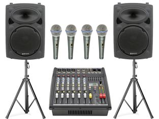 zangset 2 met actieve mixer, speakers 600W, 4 microfoons en toebehoren